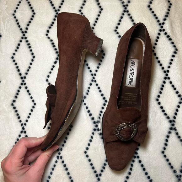 Brown suede vintage heels with - Picture 2 of 4